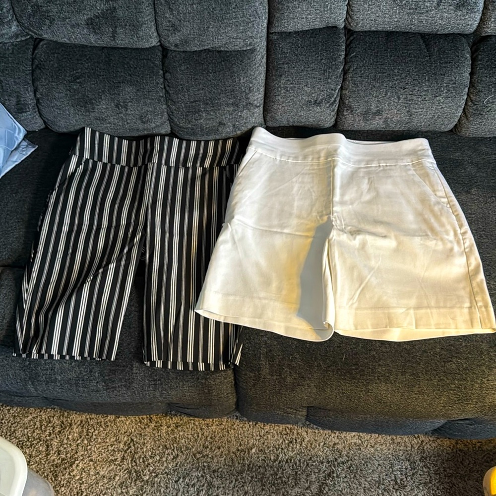 Two pairs of NY&CO Shorts, Black & White Striped Bermuda. White shorts